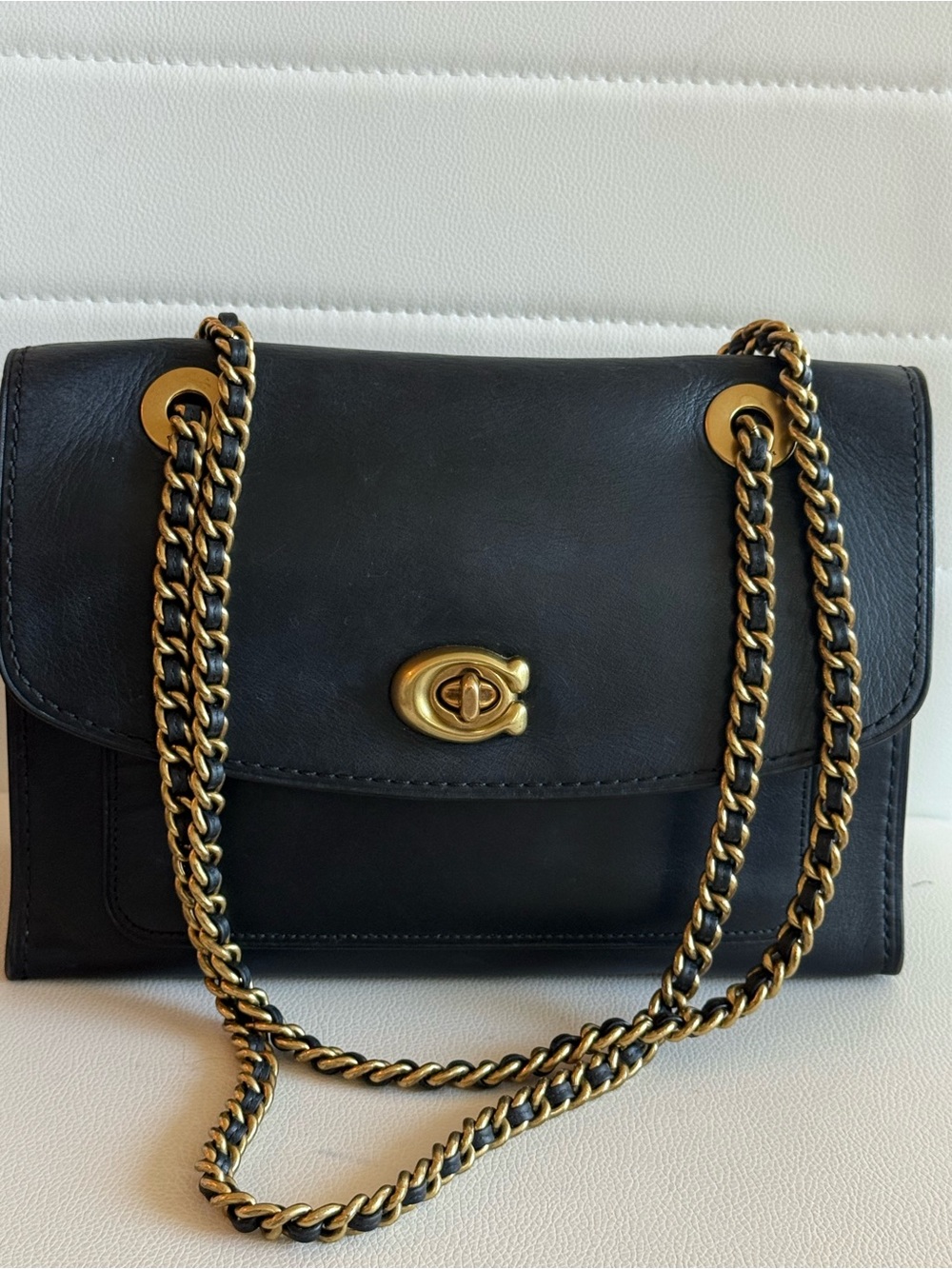 Coach Parker Black Leather Crossbody Bag with Gold-Tone Chain
